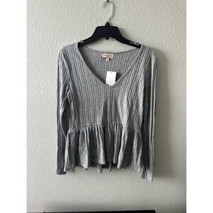 BLOOMFIELD Gray Lightly V-neck Striped Long Sleeve Peplum Top